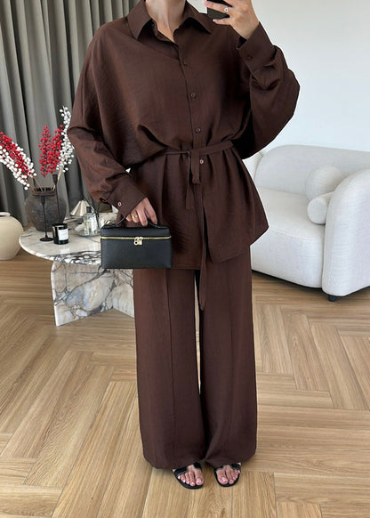 Oversized shirt with belt, waistband straight leg trouser co-ord set - brown