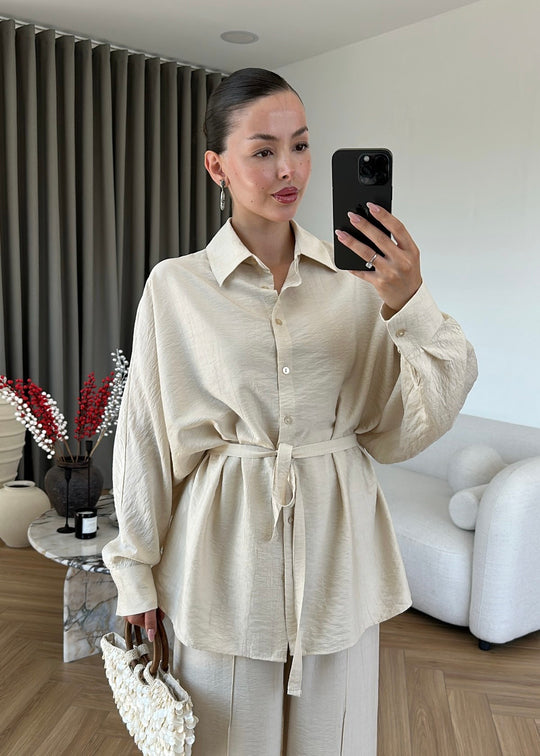 Oversized shirt with belt, waistband straight leg trouser co-ord set - beige