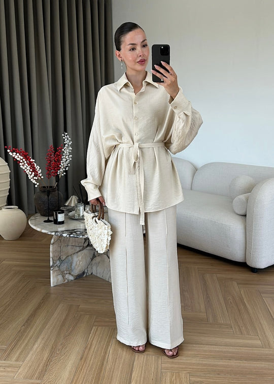 Oversized shirt with belt, waistband straight leg trouser co-ord set - beige