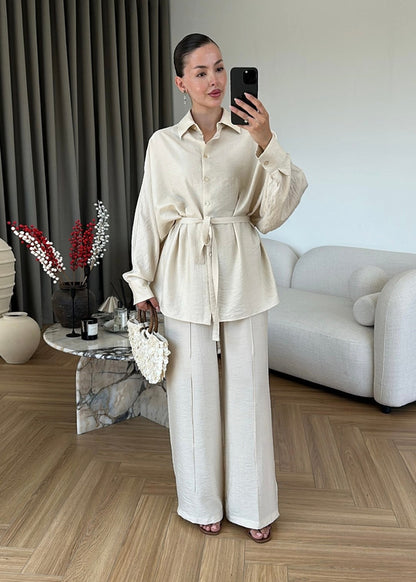 Oversized shirt with belt, waistband straight leg trouser co-ord set - beige