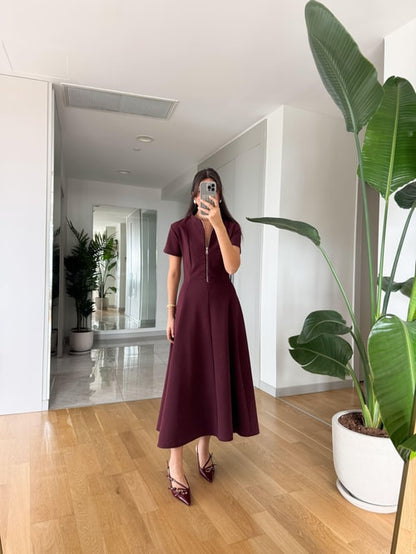 Half Zipper short sleeve dress- burgundy