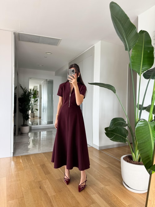 Half Zipper short sleeve dress- burgundy