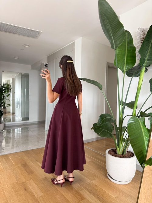 Half Zipper short sleeve dress- burgundy