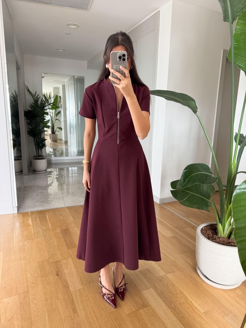 Half Zipper short sleeve dress- burgundy