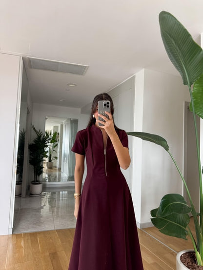 Half Zipper short sleeve dress- burgundy