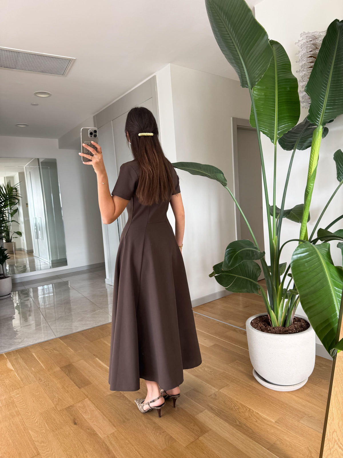 half zipper short sleevedress- brown
