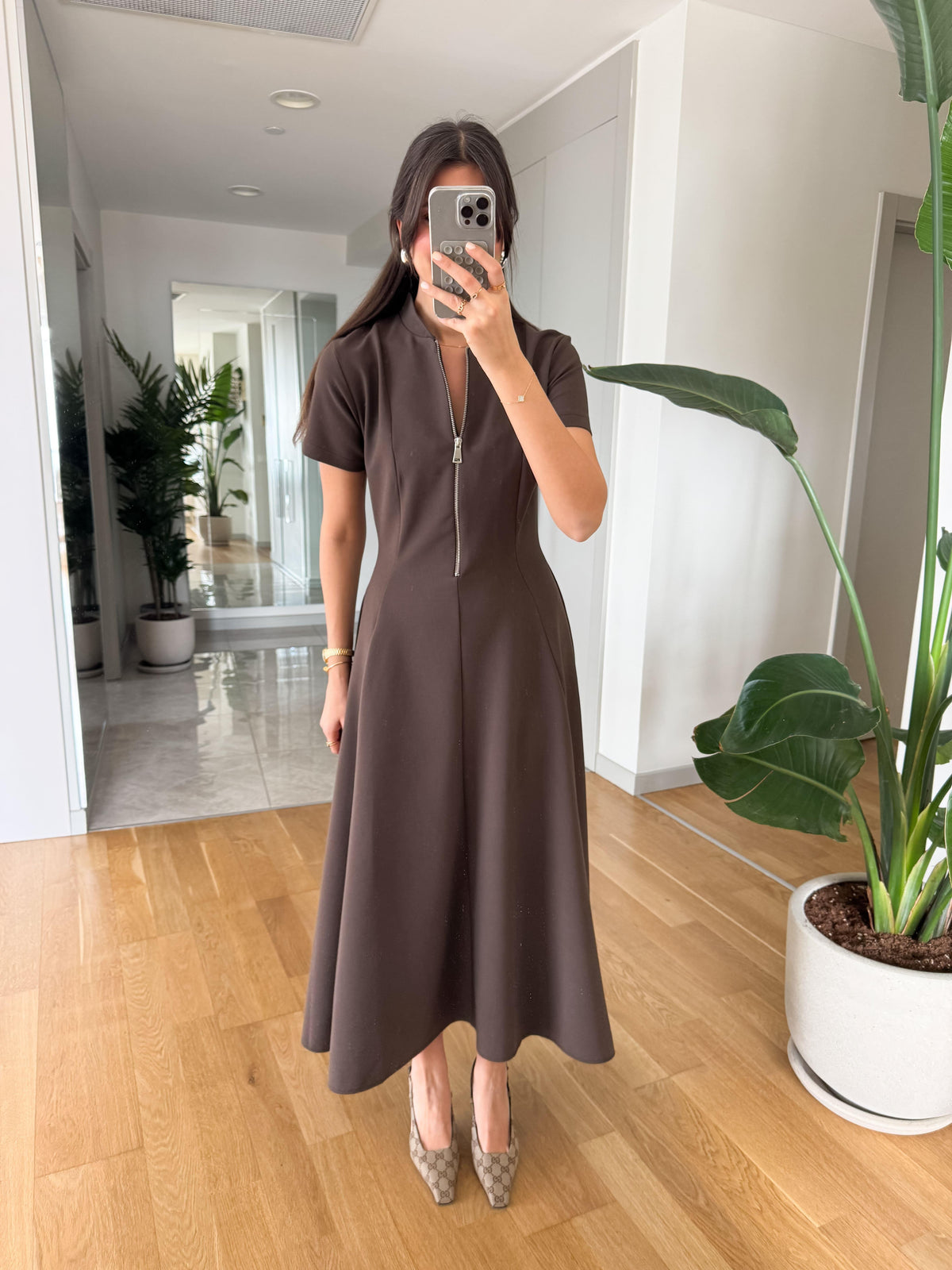half zipper short sleevedress- brown