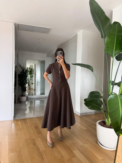 half zipper short sleevedress- brown