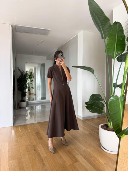 half zipper short sleevedress- brown