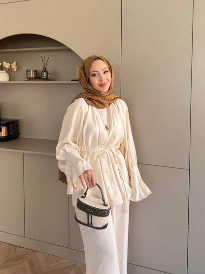 Ruffles sleeves with pleats shirt, waistband straight leg trouser set- beige