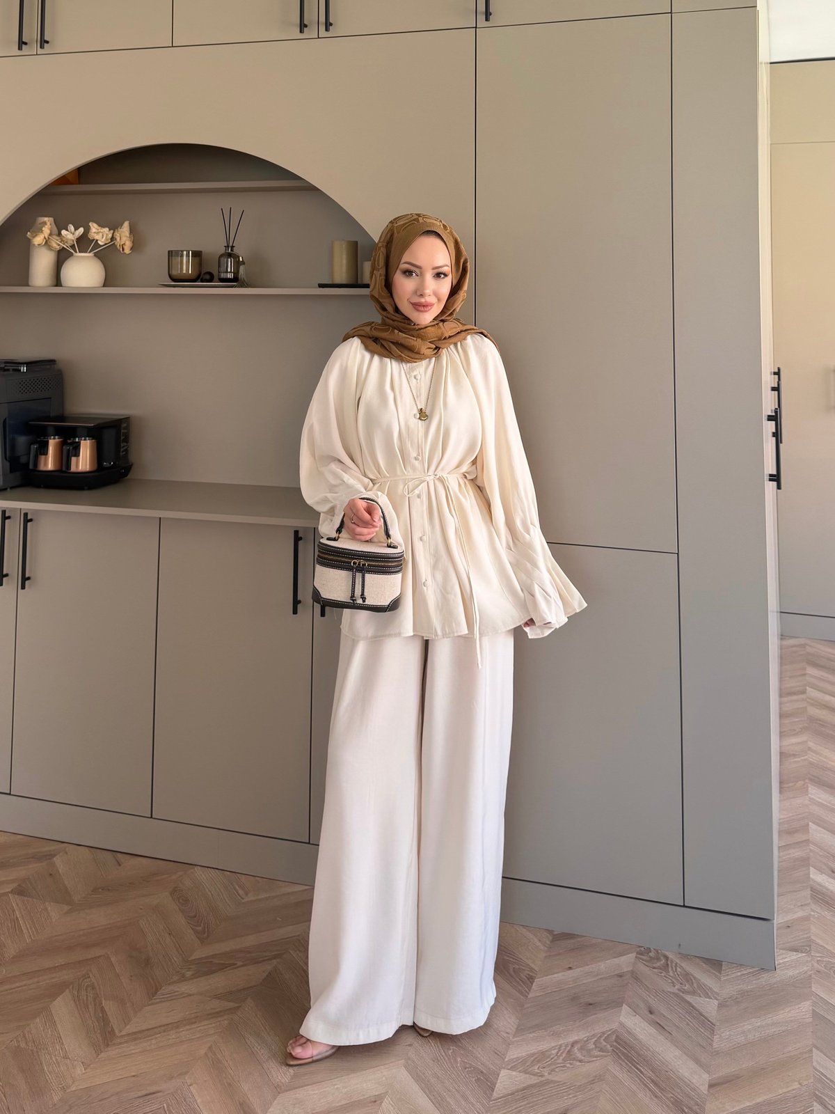 Ruffles sleeves with pleats shirt, waistband straight leg trouser set- beige