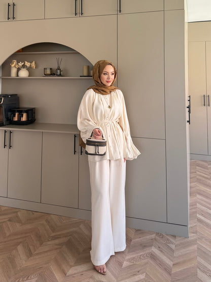 Ruffles sleeves with pleats shirt, waistband straight leg trouser set- beige