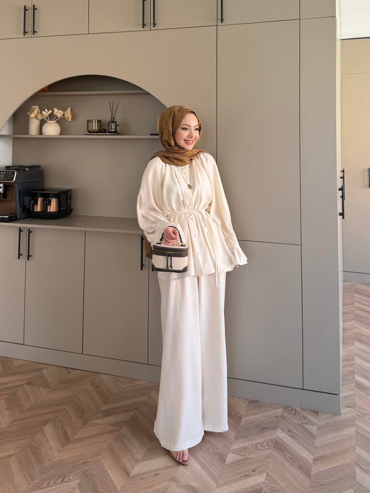 Ruffles sleeves with pleats shirt, waistband straight leg trouser set- beige