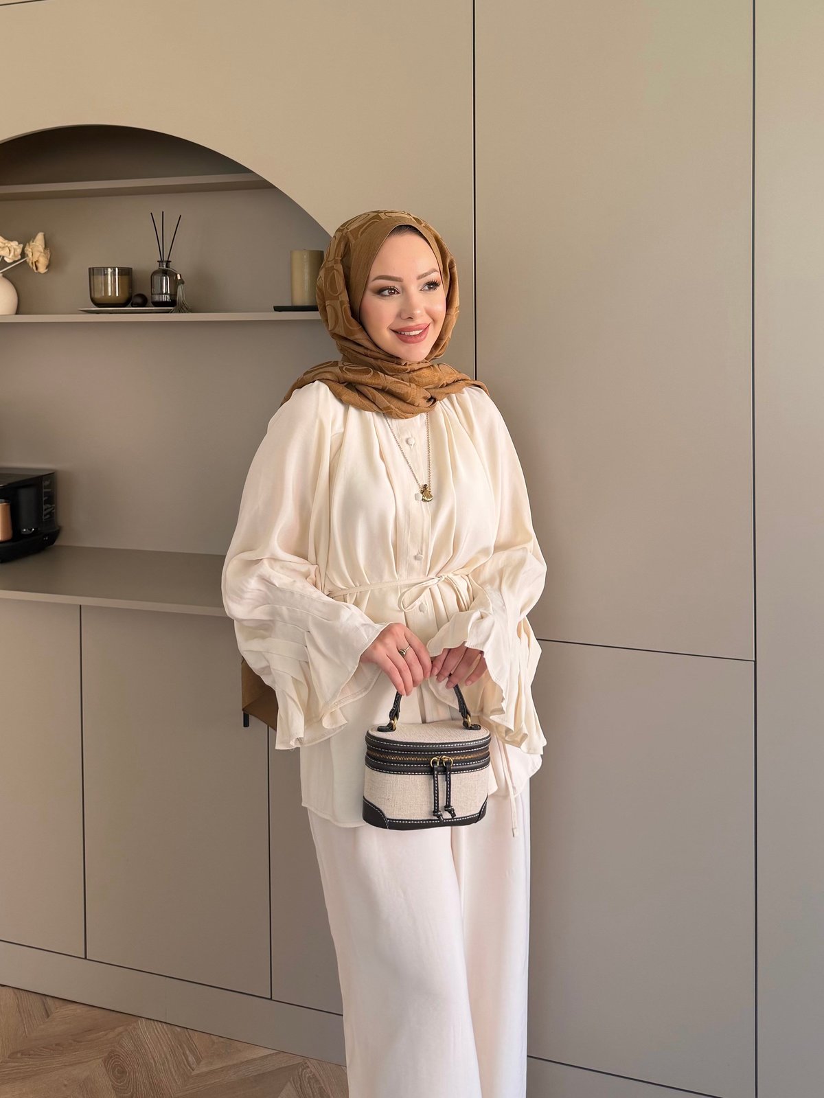 Ruffles sleeves with pleats shirt, waistband straight leg trouser set- beige