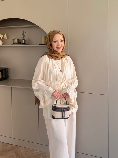 Ruffles sleeves with pleats shirt, waistband straight leg trouser set- beige