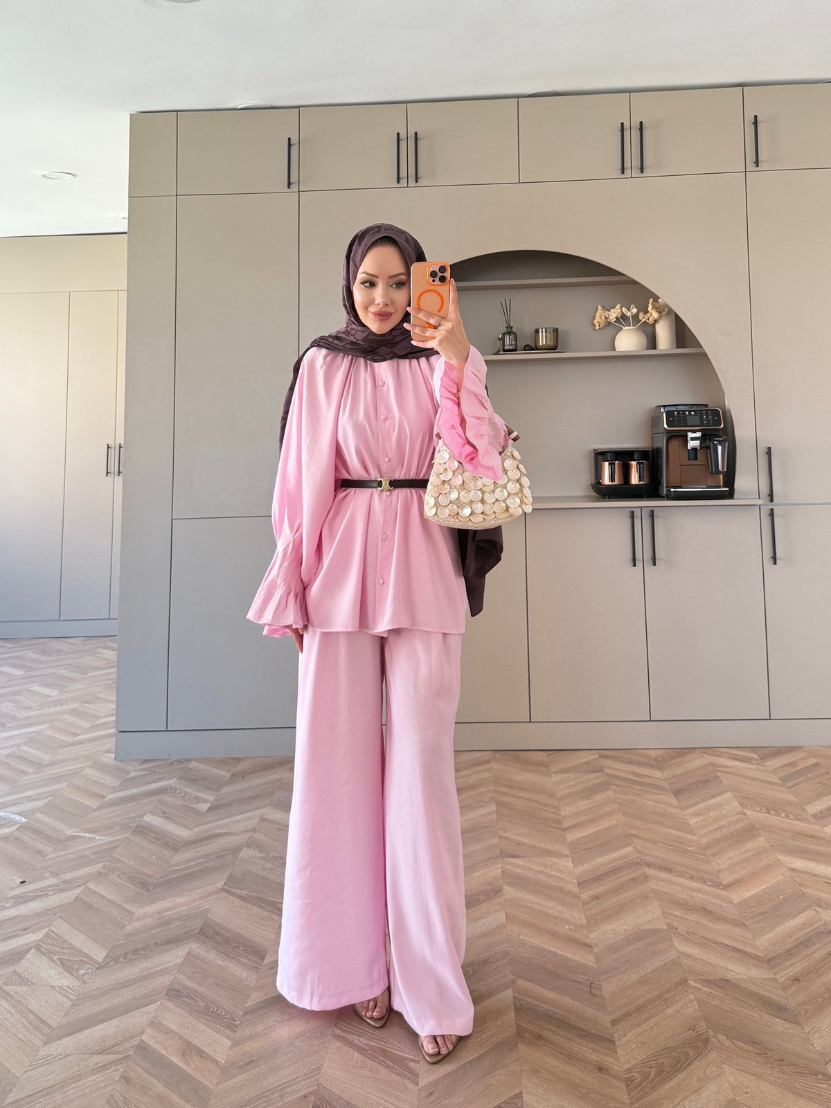 Ruffles sleeves with pleats shirt, waistband straight leg trouser set-pink