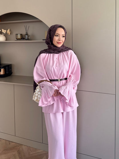 Ruffles sleeves with pleats shirt, waistband straight leg trouser set-pink