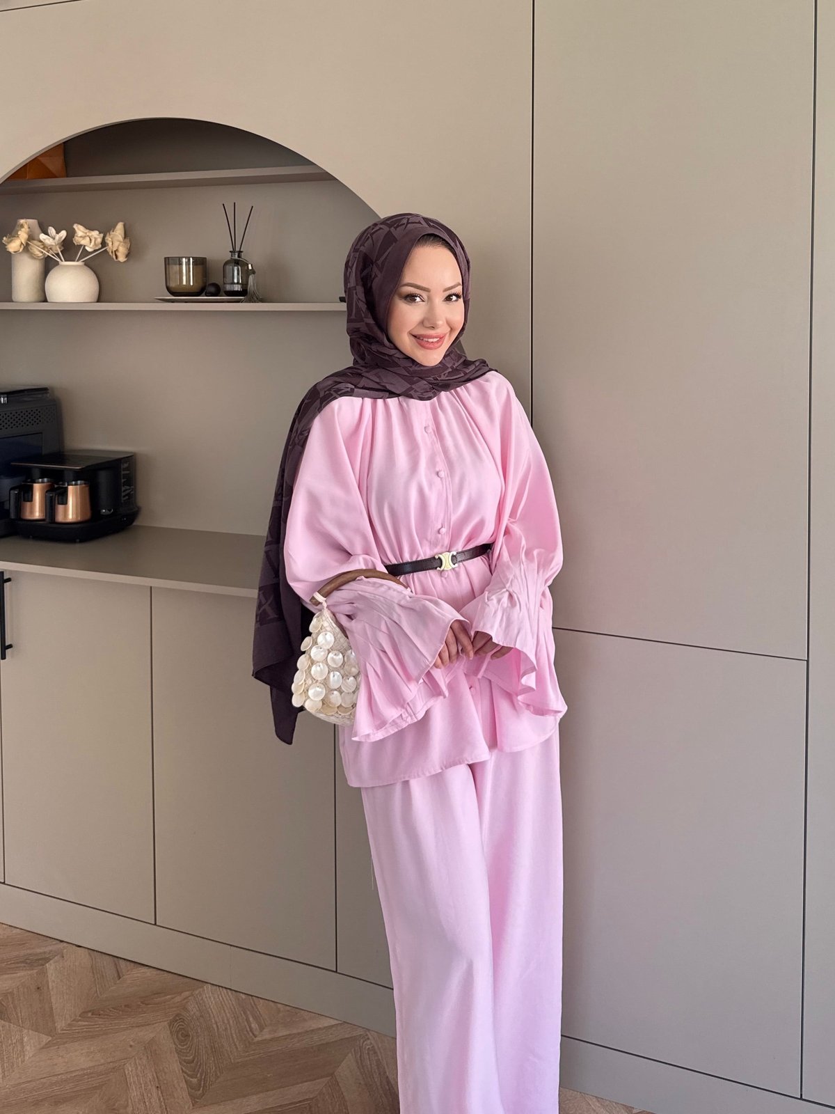Ruffles sleeves with pleats shirt, waistband straight leg trouser set-pink