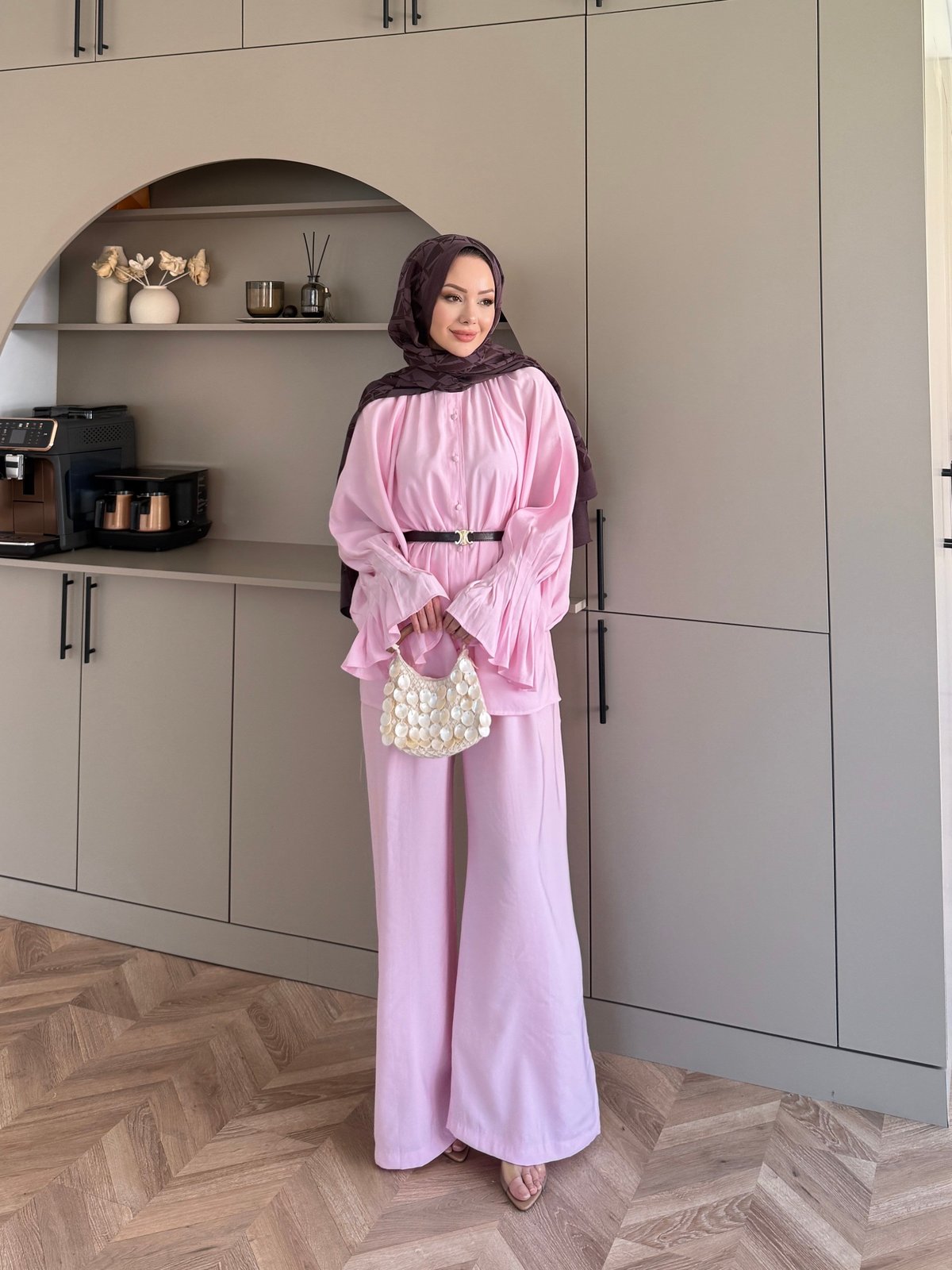 Ruffles sleeves with pleats shirt, waistband straight leg trouser set-pink