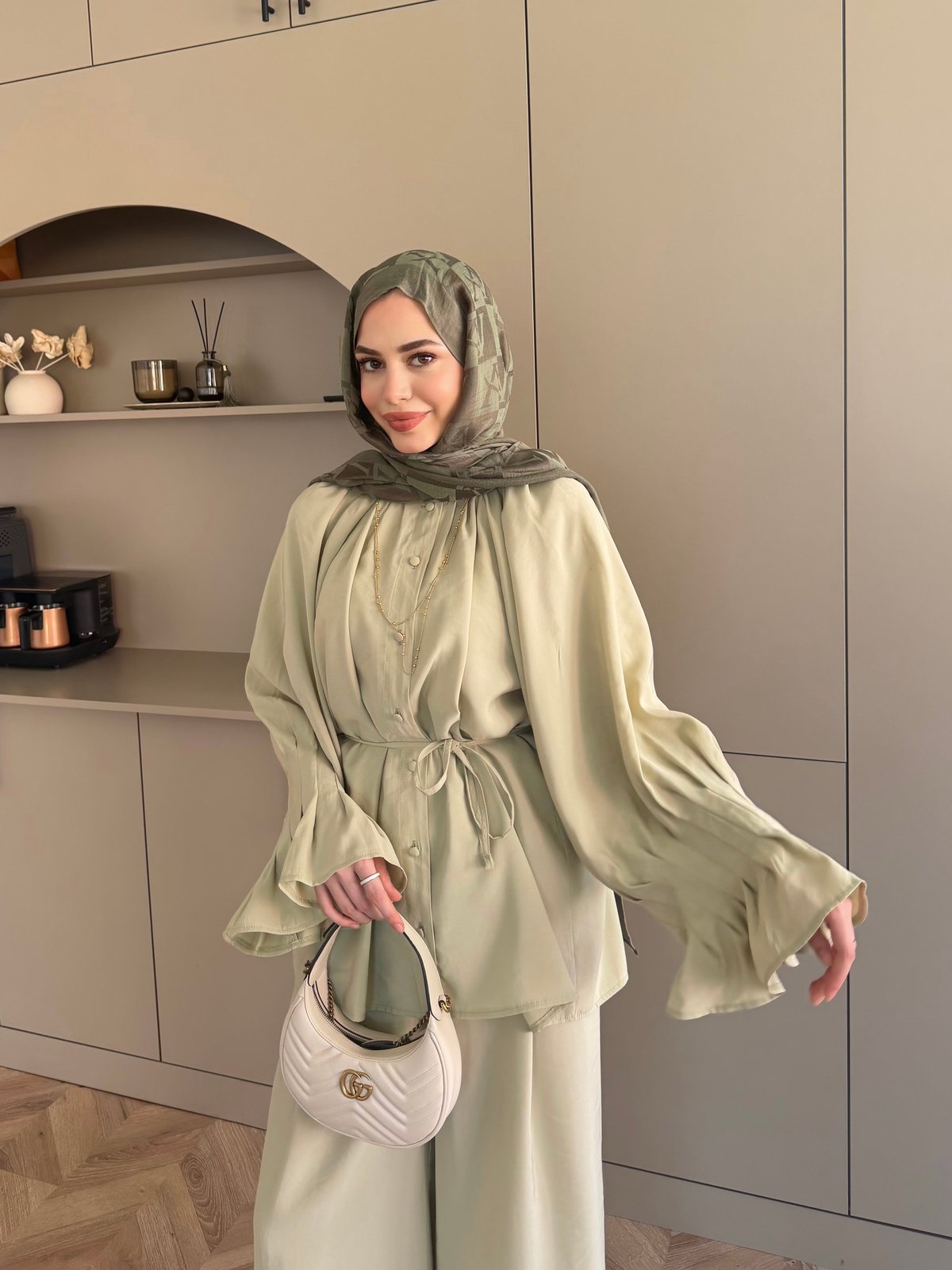 Ruffles sleeves with pleats shirt, waistband straight leg trouser set-green
