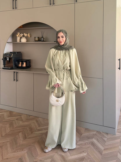 Ruffles sleeves with pleats shirt, waistband straight leg trouser set-green