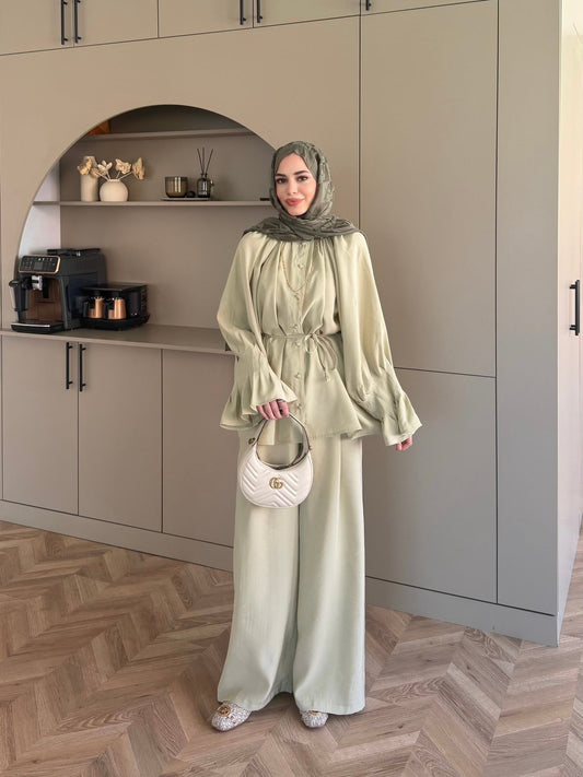 Ruffles sleeves with pleats shirt, waistband straight leg trouser set-green