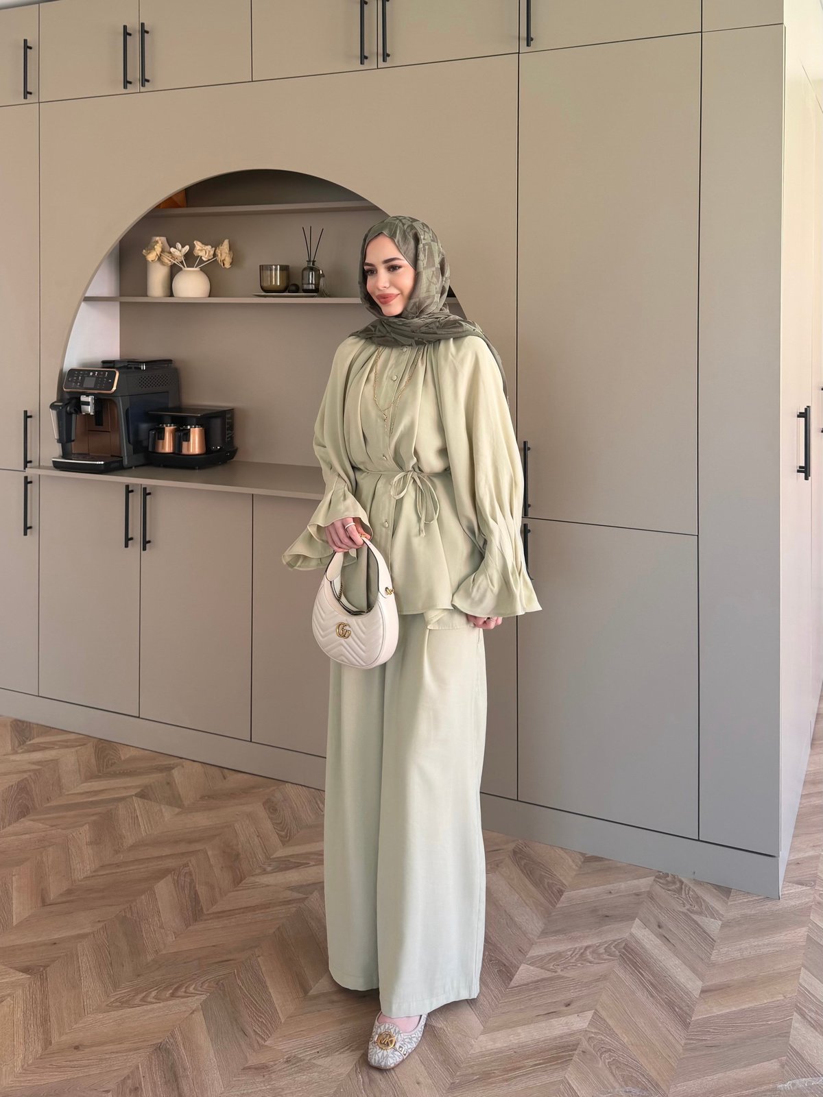 Ruffles sleeves with pleats shirt, waistband straight leg trouser set-green