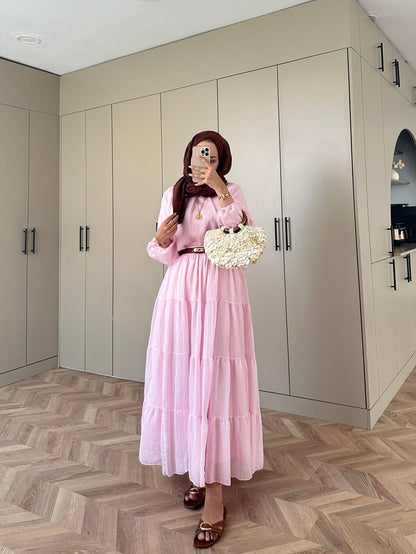 Balloon Sleeve Blouse paired with a maxi skirt - Pink
