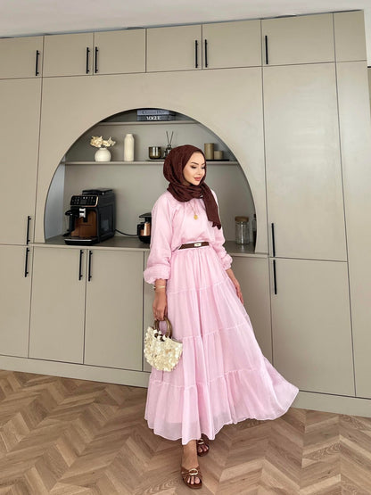 Balloon Sleeve Blouse paired with a maxi skirt - Pink