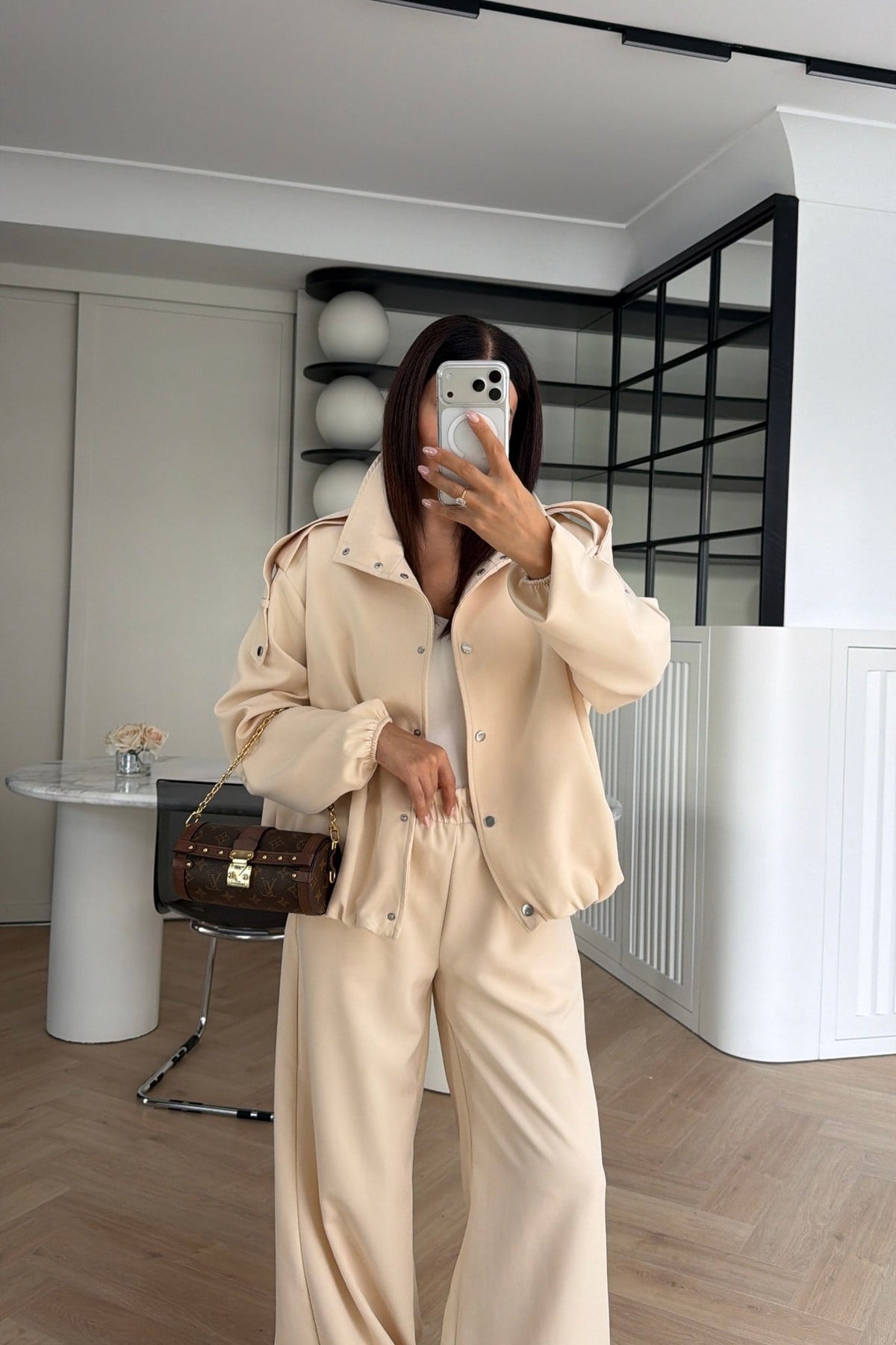 Bomber Suit with Epaulets and Stand-Up Collar - beige