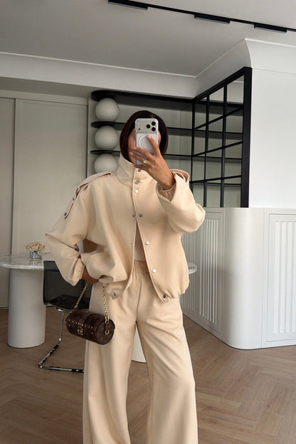 Bomber Suit with Epaulets and Stand-Up Collar - beige