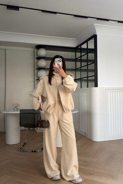 Bomber Suit with Epaulets and Stand-Up Collar - beige