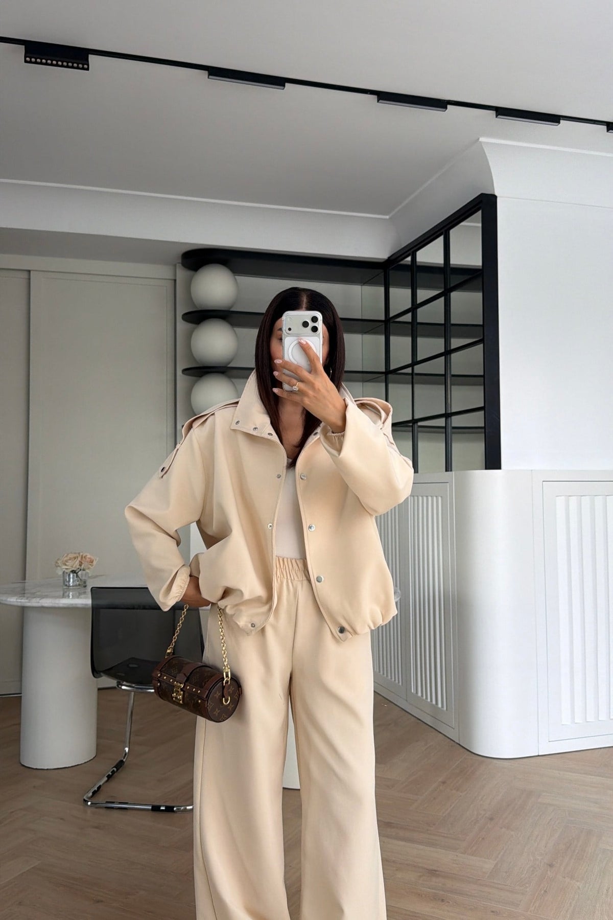 Bomber Suit with Epaulets and Stand-Up Collar - beige