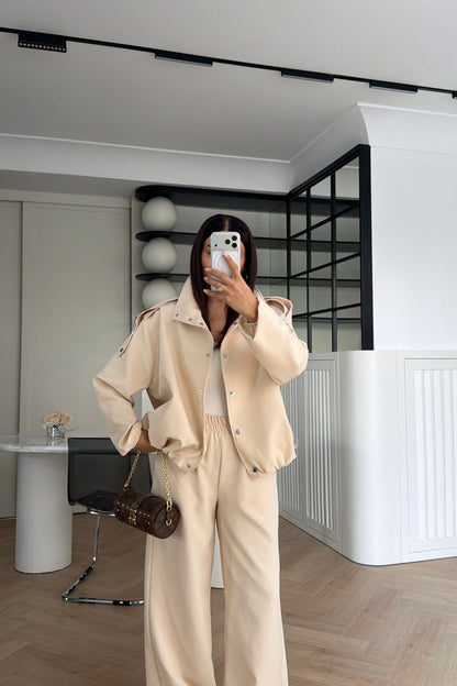 Bomber Suit with Epaulets and Stand-Up Collar - beige