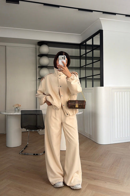 Bomber Suit with Epaulets and Stand-Up Collar - beige