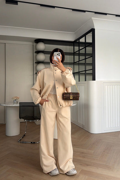 Bomber Suit with Epaulets and Stand-Up Collar - beige