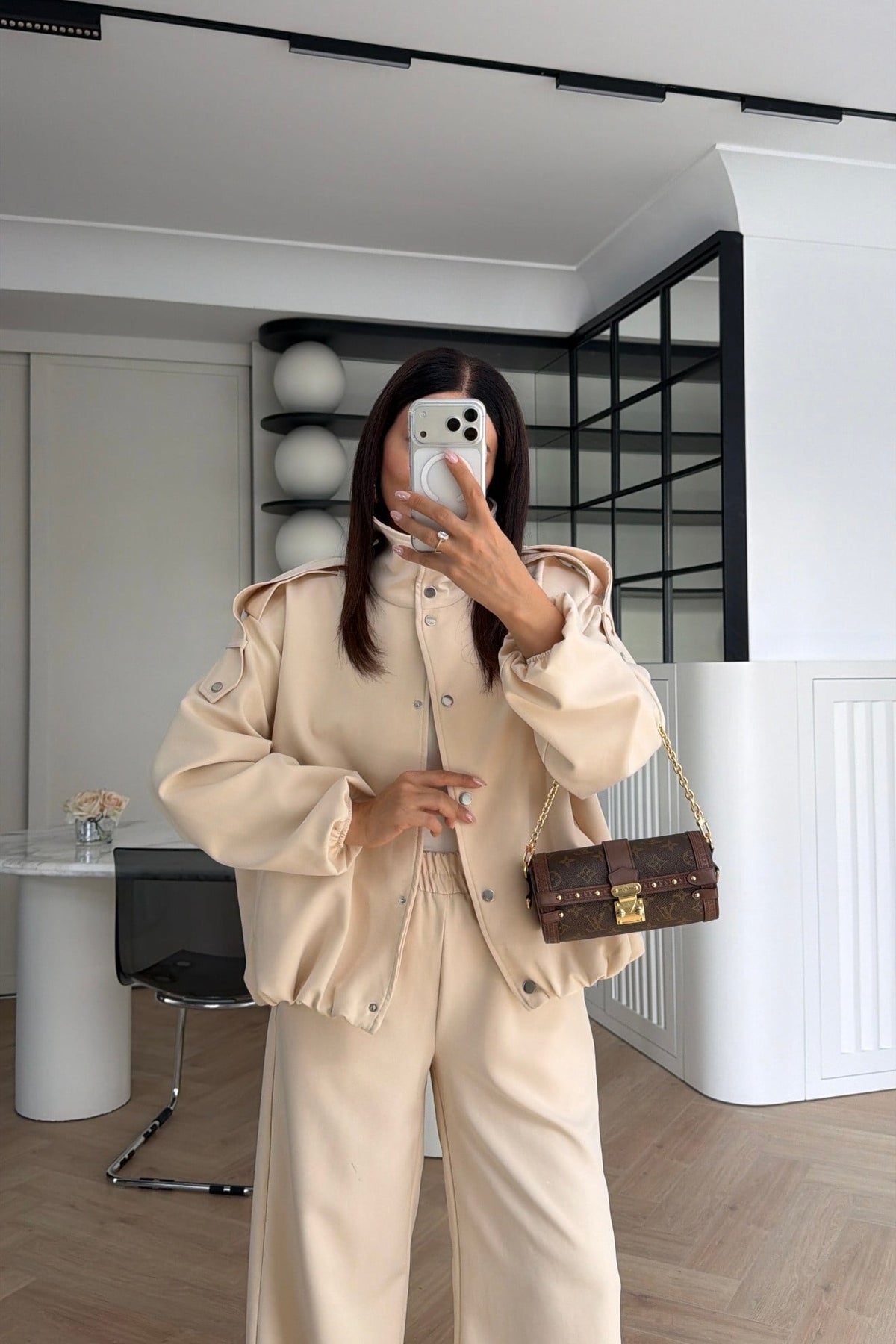Bomber Suit with Epaulets and Stand-Up Collar - beige