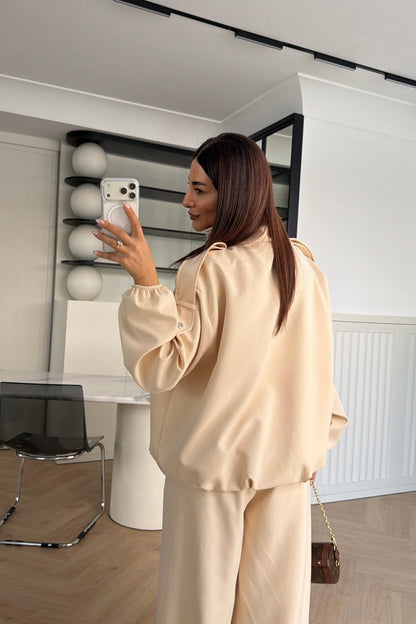 Bomber Suit with Epaulets and Stand-Up Collar - beige