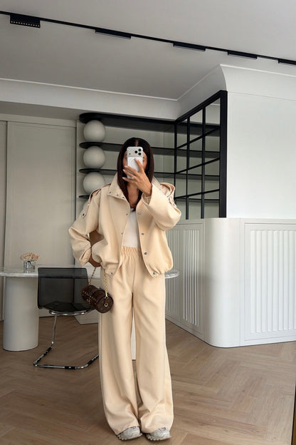 Bomber Suit with Epaulets and Stand-Up Collar - beige