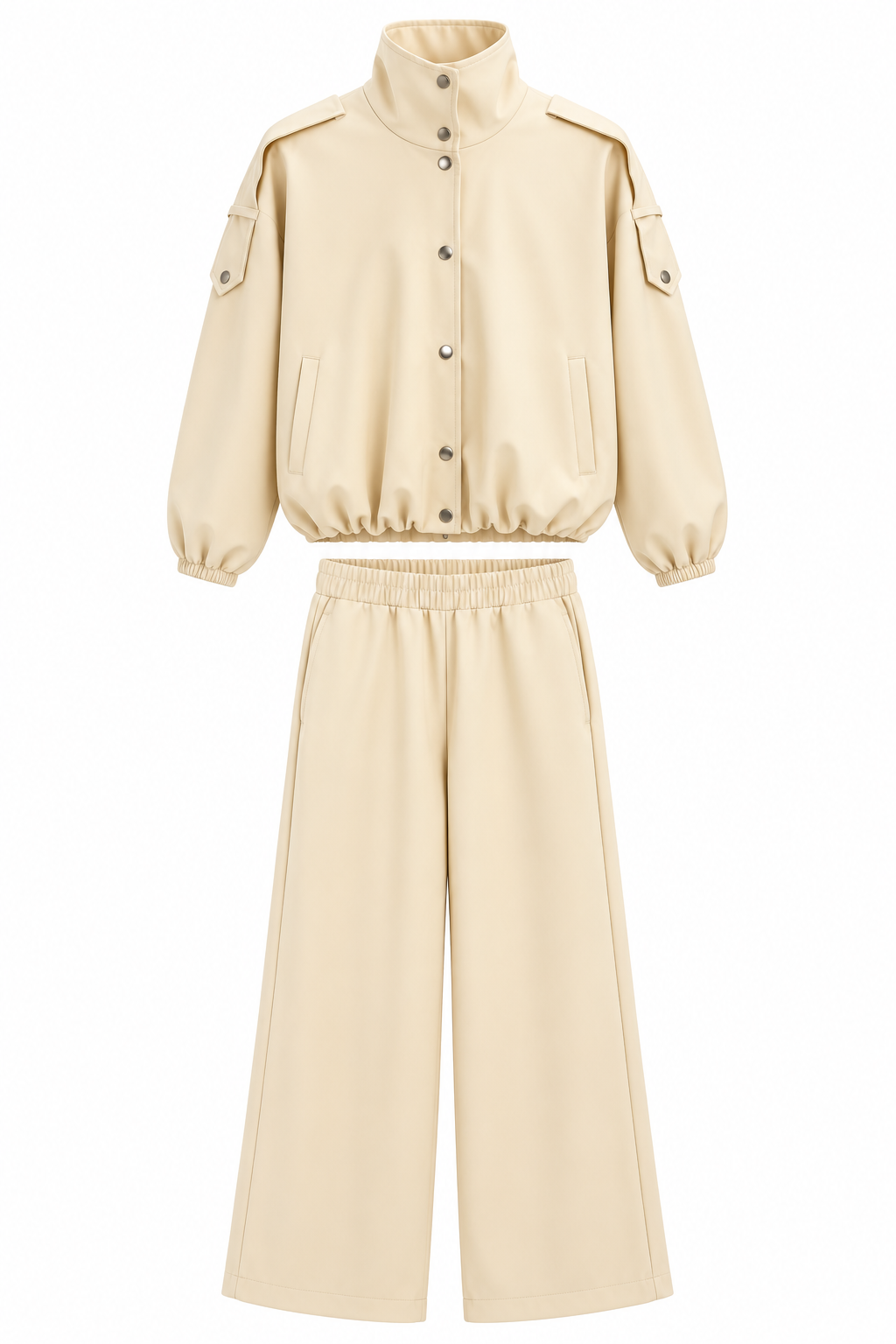 Bomber Suit with Epaulets and Stand-Up Collar - beige