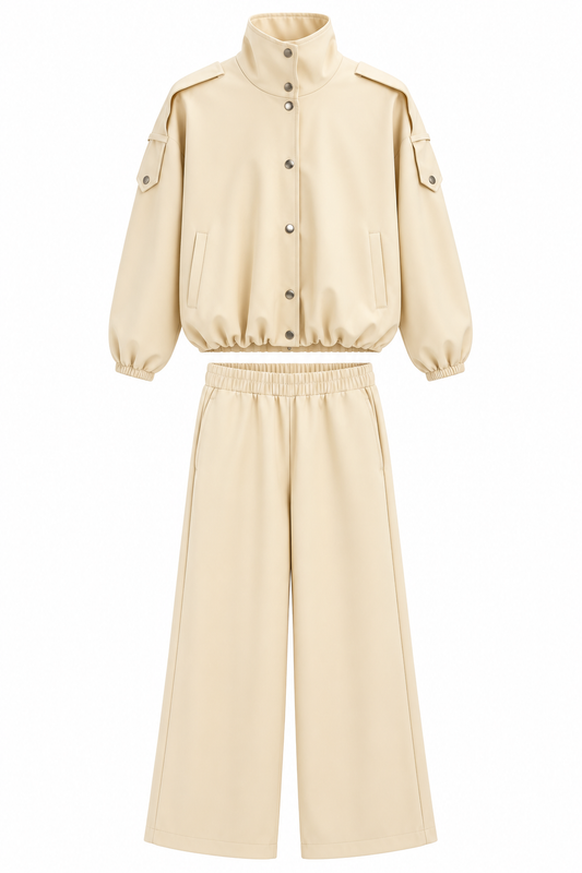 Bomber Suit with Epaulets and Stand-Up Collar - beige