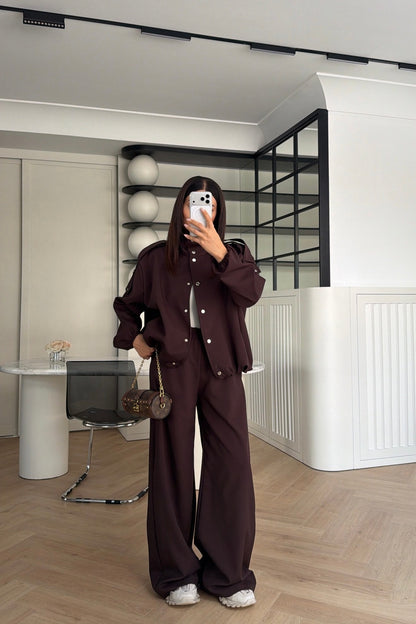 Bomber Suit with Epaulets and Stand-Up Collar - brown