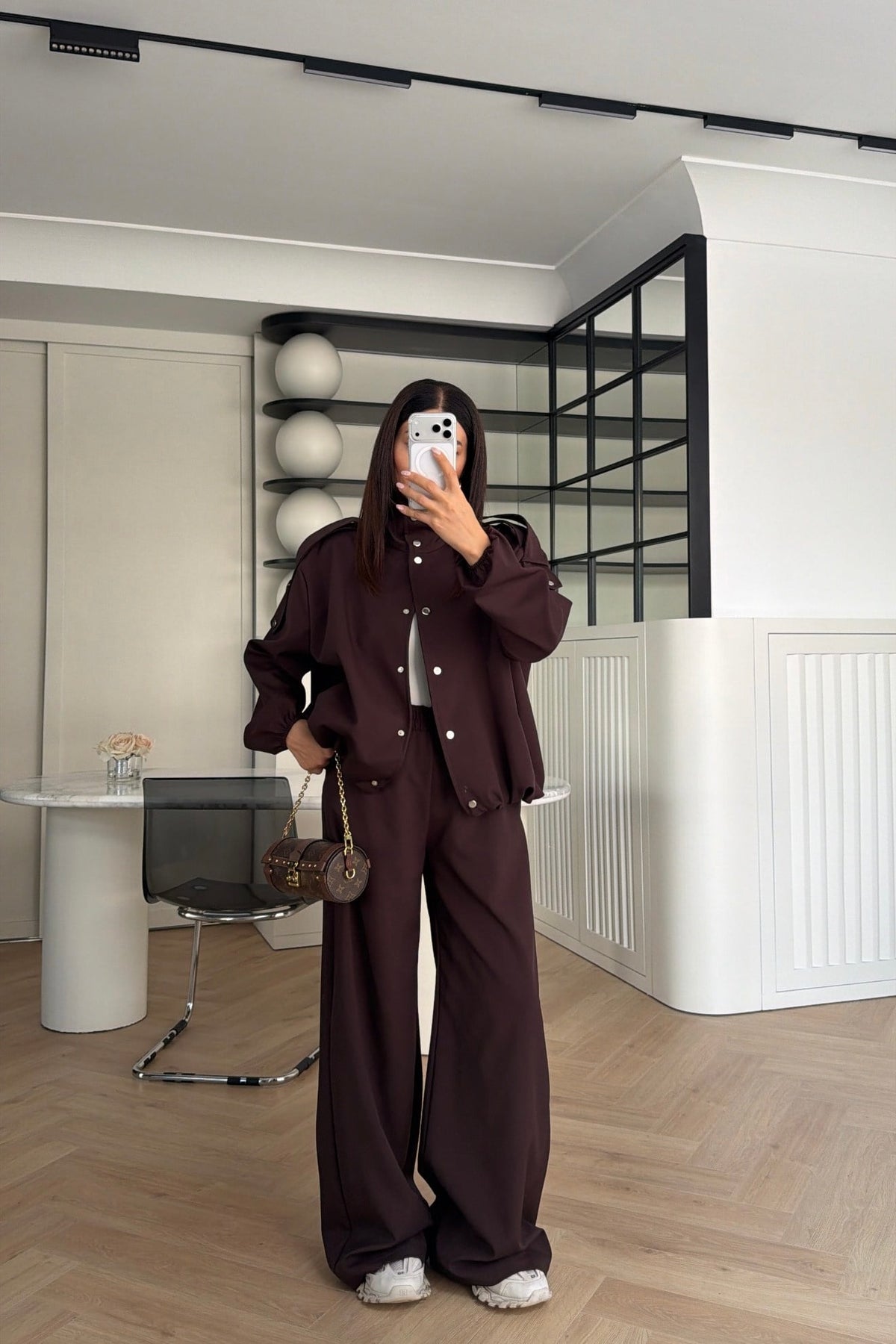 Bomber Suit with Epaulets and Stand-Up Collar - brown
