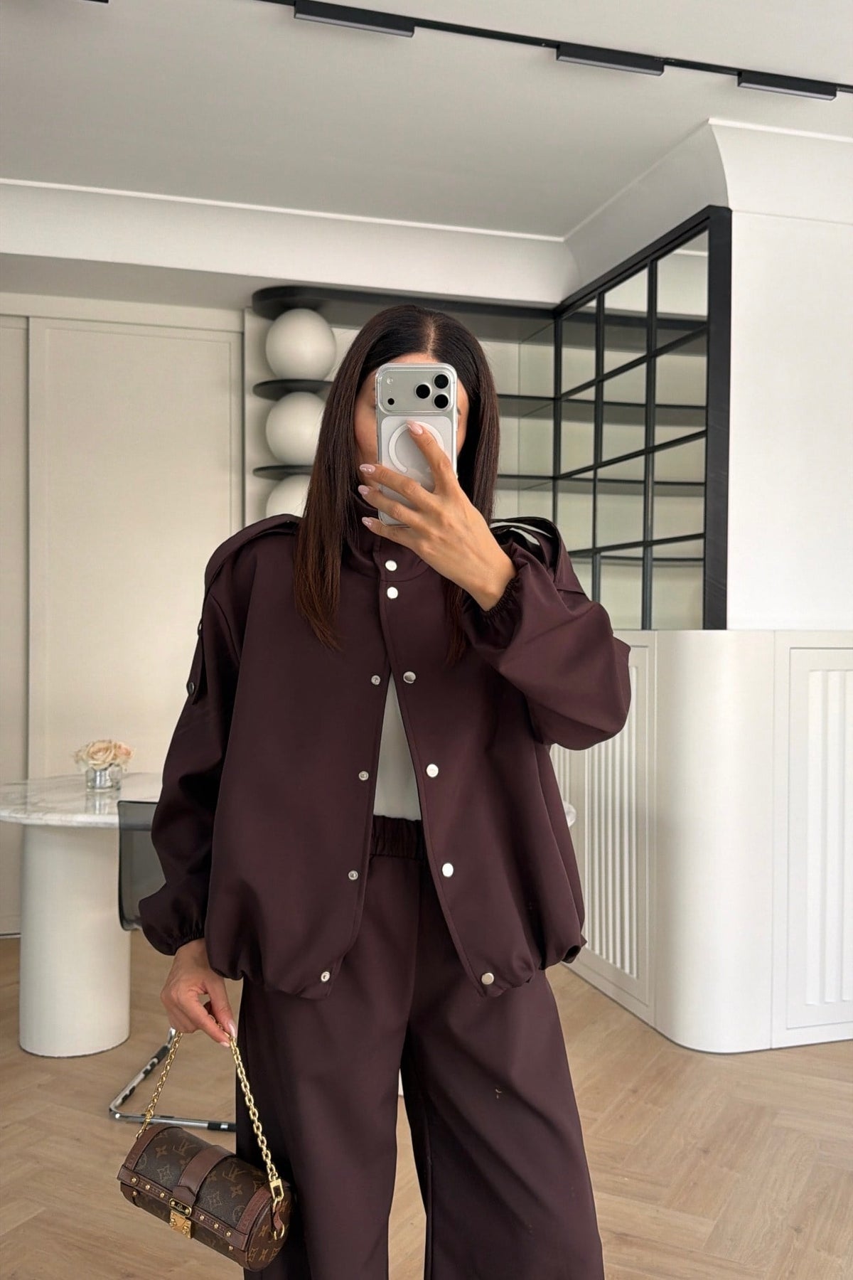 Bomber Suit with Epaulets and Stand-Up Collar - brown