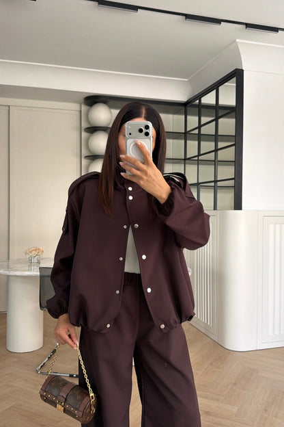 Bomber Suit with Epaulets and Stand-Up Collar - brown