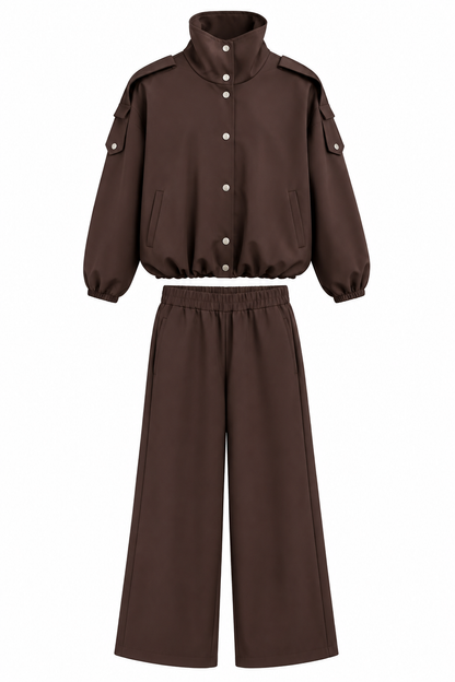 Bomber Suit with Epaulets and Stand-Up Collar - brown