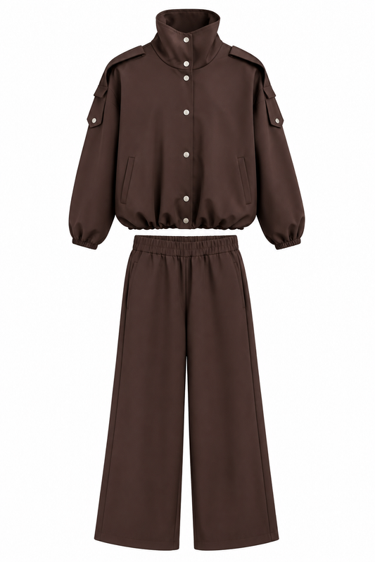 Bomber Suit with Epaulets and Stand-Up Collar - brown