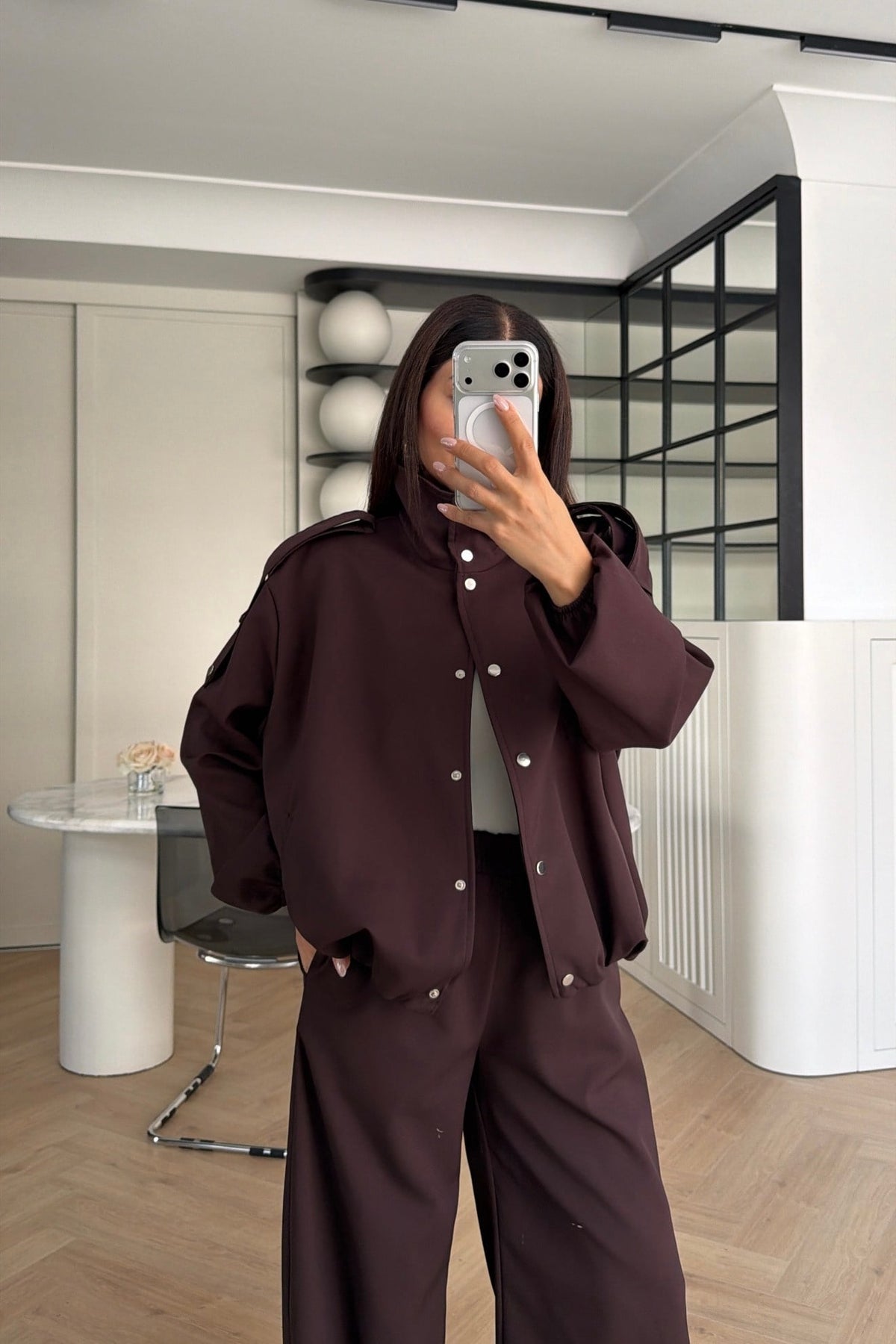Bomber Suit with Epaulets and Stand-Up Collar - brown