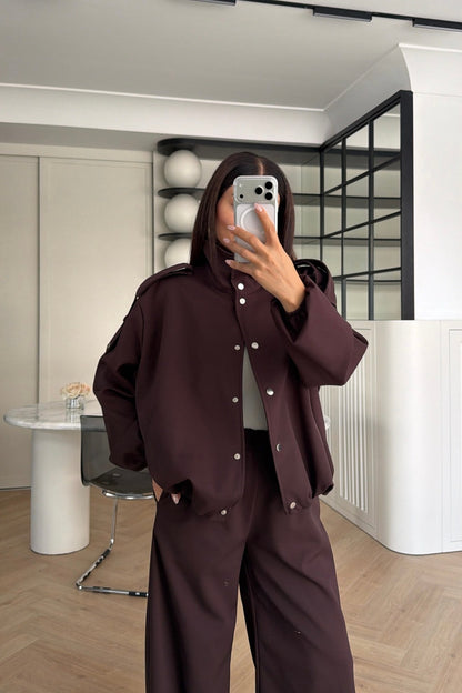 Bomber Suit with Epaulets and Stand-Up Collar - brown