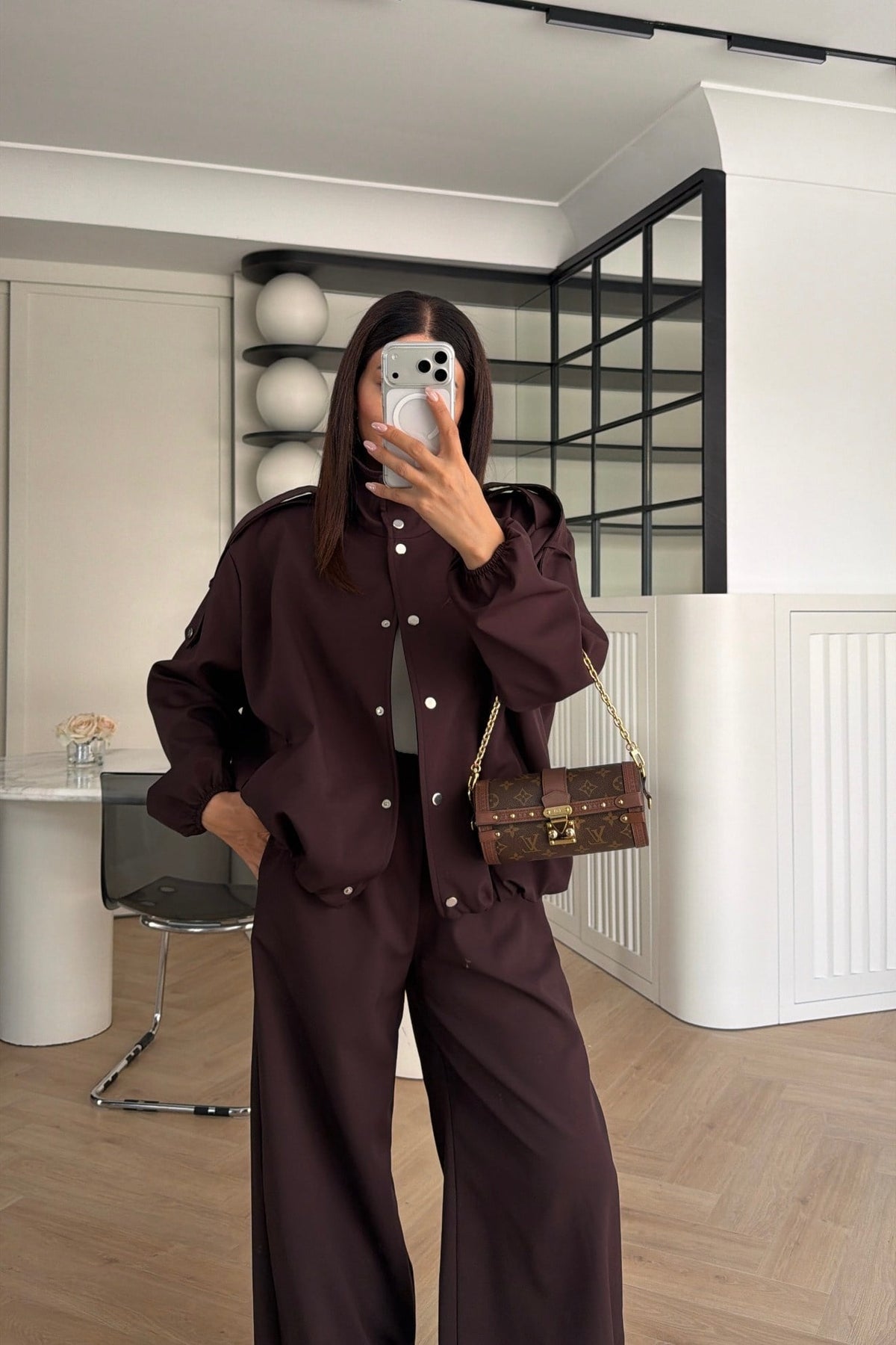 Bomber Suit with Epaulets and Stand-Up Collar - brown